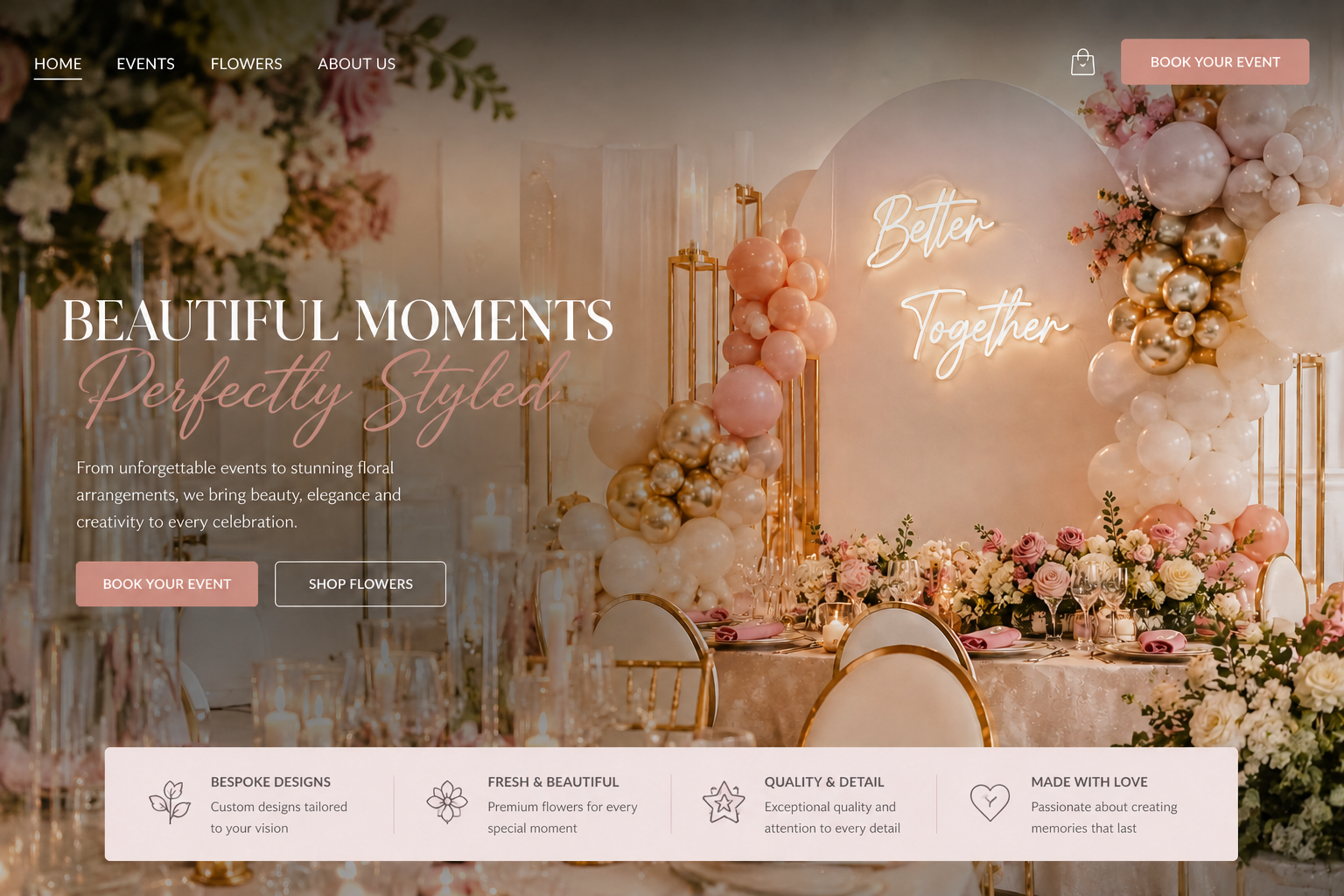 Luxury Joya Atelier event setup with balloons, florals, and table styling